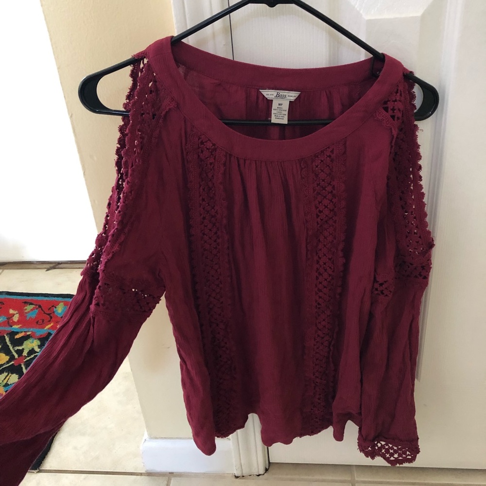 burgundy cold shoulder lace top
